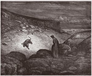 A Divina Comédia (La Divina Commedia, La Divina Comédia), Inferno, Canto 1: A pantera no início da subida - por Dante Alighieri (1265-1321) - Ilustração de Gustave Dore (1832-1883) de Gustave Dore