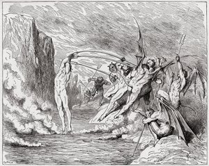 A Divina Comédia (La Divina Commedia, La Divina Comedie), Inferno, Canto 21: Demónios atormentam os barradores - de Dante Alighieri (1265-1321) - Ilustração de Gustave Dore (1832-1883) de Gustave Dore