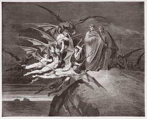 A Divina Comédia (La Divina Commedia, La Divina Comédia), Inferno, Canto 21: Os demónios ameaçam Virgílio - de Dante Alighieri (1265-1321) - Ilustração de Gustave Dore (1832-1883) de Gustave Dore