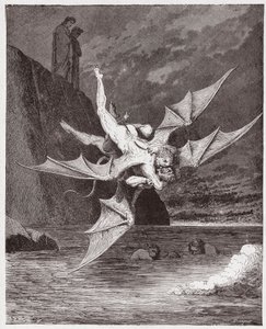 A Divina Comédia (La Divina Commedia, La Divina Comedie), Inferno, Canto 22: Alichino e Calcabrina lutam acima do tom - por Dante Alighieri (1265-1321) - Ilustração por Gustave Dore (1832-1883) de Gustave Dore