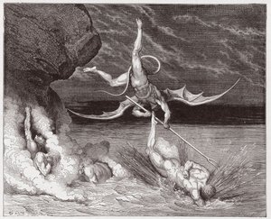 A Divina Comédia (La Divina Commedia, La Divina Comédia), Inferno, Canto 22: Ciampolo escapa ao demônio Alichino na quinta bolgia - por Dante Alighieri (1265-1321) - Ilustração de Gustave Dore (1832-1883) de Gustave Dore
