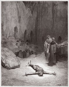 A Divina Comédia (La Divina Commedia, La Divina Comédia), Inferno, Canto 23: Um fariseu crucificado entre os hipócritas - por Dante Alighieri (1265-1321) - Ilustração de Gustave Dore (1832-1883) de Gustave Dore