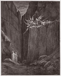 A Divina Comédia (La Divina Commedia, La Divina Comédia), Inferno, Canto 23: Os poetas escapam aos demônios da quinta bolgia - por Dante Alighieri (1265-1321) - Ilustração de Gustave Dore (1832-1883) de Gustave Dore