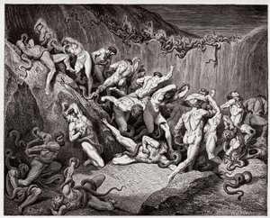 A Divina Comédia (La Divina Commedia, La Divina Comédia), Inferno, Canto 24: Os ladrões atormentados por serpentes - por Dante Alighieri (1265-1321) - Ilustração de Gustave Dore (1832-1883) de Gustave Dore