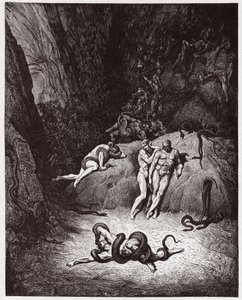 A Divina Comédia (La Divina Commedia, La Divina Comédia), Inferno, Canto 25: Agnello transformando-se em serpente - de Dante Alighieri (1265-1321) - Ilustração de Gustave Dore (1832-1883) de Gustave Dore