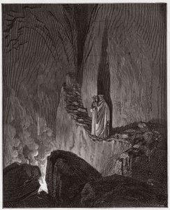 A Divina Comédia (La Divina Commedia, La Divina Comediante), Inferno, Canto 26: Os espíritos flamejantes dos Ulisses e Diomedes - por Dante Alighieri (1265-1321) - Ilustração de Gustave Dore (1832-1883) de Gustave Dore
