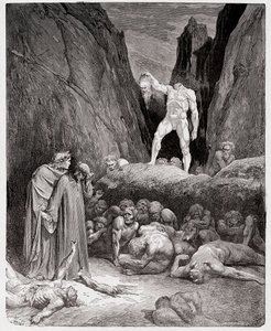 A Divina Comédia (La Divina Commedia, La Divina Comédia), Inferno, Canto 28: A cabeça cortada de Bertrand de Born fala com Dante - por Dante Alighieri (1265-1321) - Ilustração de Gustave Dore (1832-1883) de Gustave Dore
