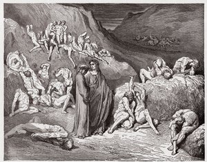 A Divina Comédia (La Divina Commedia, La Divina Comédia), Inferno, Canto 29: Os falsificadores e falsificadores atormentados com prurido - por Dante Alighieri (1265-1321) - Ilustração de Gustave Dore (1832-1883) de Gustave Dore