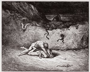 A Divina Comédia (La Divina Commedia, La Divina Comédia), Inferno, Canto 30: O tormento dos falsificadores na nona bolgia (Gianni Schicchi) - por Dante Alighieri (1265-1321) - Ilustração de Gustave Dore (1832-1883) de Gustave Dore