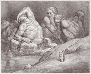 A Divina Comédia (La Divina Commedia, La Divina Comedie), Inferno, Canto 31: Ephialtes em algemas entre os gigantes - por Dante Alighieri (1265-1321) - Ilustração por Gustave Dore (1832-1883) de Gustave Dore