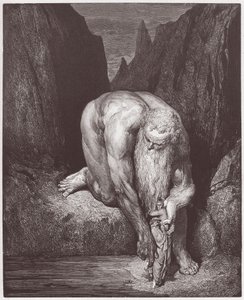 A Divina Comédia (La Divina Commedia, La Divina Comedie), Inferno, Canto 31: O gigante Antaeus baixa Dante e Virgílio no último círculo - por Dante Alighieri (1265-1321) - Ilustração de Gustave Dore (1832-1883) de Gustave Dore