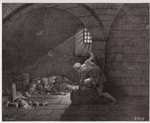 A Divina Comédia (La Divina Commedia, La Divina Comediante), Inferno, Canto 33: Ugolino na cela com seus quatro filhos mortos - por Dante Alighieri (1265-1321) - Ilustração de Gustave Dore (1832-1883) de Gustave Dore