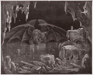 A Divina Comédia (La Divina Commedia, La Divina Comediante), Inferno, Canto 34: Lúcifer, rei do Inferno, congelado no gelo - por Dante Alighieri (1265-1321) - Ilustração de Gustave Dore (1832-1883) de Gustave Dore