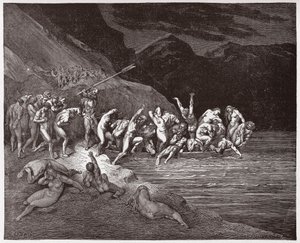 A Divina Comédia (La Divina Commedia, La Divina Comédia), Inferno, Canto 3: As almas condenadas embarcando para atravessar o Acheron - por Dante Alighieri (1265-1321) - Ilustração por Gustave Dore (1832-1883) de Gustave Dore