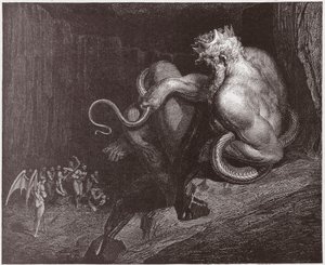 A Divina Comédia (La Divina Commedia, La Divina Comédia), Inferno, Canto 5: Minos julga as transgressões e despacha as almas - por Dante Alighieri (1265-1321) - Ilustração de Gustave Dore (1832-1883) de Gustave Dore
