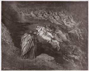 A Divina Comédia (La Divina Commedia, La Divina Comédia), Inferno, Canto 5: A alma de Francesca fala a Dante - por Dante Alighieri (1265-1321) - Ilustração de Gustave Dore (1832-1883) de Gustave Dore