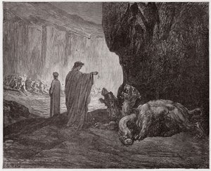 A Divina Comédia (La Divina Commedia, La Divina Comédia), Inferno, Canto 6: Virgílio alimenta Cerberus no terceiro círculo - por Dante Alighieri (1265-1321) - Ilustração de Gustave Dore (1832-1883) de Gustave Dore