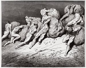 A Divina Comédia (La Divina Commedia, La Divina Comédia), Inferno, Canto 7: As almas dos avarentos e dos pródigos obrigados a rolar pedras pesadas - por Dante Alighieri (1265-1321) - Ilustração de Gustave Dore (1832-1883) de Gustave Dore