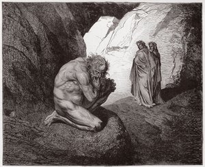 A Divina Comédia (La Divina Commedia, La Divina Comédia), Inferno, Canto 7: Virgílio repreende Plutus na entrada do quarto círculo - por Dante Alighieri (1265-1321) - Ilustração de Gustave Dore (1832-1883) de Gustave Dore
