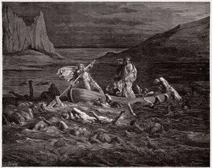 A Divina Comédia (La Divina Commedia, La Divina Comedie), Inferno, Canto 8: Phlegyas ferries Dante e Virgil através do Styx - por Dante Alighieri (1265-1321) - Ilustração por Gustave Dore (1832-1883) de Gustave Dore
