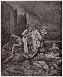 A Divina Comédia (La Divina Commedia, La Divina Comédia), Inferno, Canto 8: A alma do florentino Philippo Argenti acostuma os poetas no Estige - de Dante Alighieri (1265-1321) - Ilustração de Gustave Dore (1832-1883) de Gustave Dore