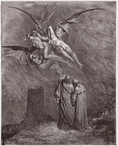 A Divina Comédia (La Divina Commedia, La Divina Comediante), Inferno, Canto 9: O horrível Erinyes: Megaera, Tisfone, Alecto - de Dante Alighieri (1265-1321) - Ilustração de Gustave Dore (1832-1883) de Gustave Dore
