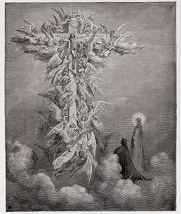A Divina Comédia (La Divina Commedia, La Divina Comédia), Paradiso, Canto 14: Dante e Beatriz vêem os anjos com Cristo na cruz - por Dante Alighieri (1265-1321) - Ilustração de Gustave Dore (1832-1883) de Gustave Dore