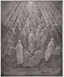 A Divina Comédia (La Divina Commedia, La Divina Comedie), Paradiso, Canto 5: O hospedeiro de miríades de almas brilhantes no segundo reino - por Dante Alighieri (1265-1321) - Ilustração por Gustave Dore (1832-1883) de Gustave Dore