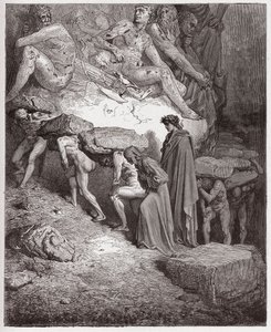 A Divina Comédia (La Divina Commedia, La Divina Comédia), Purgatorio, Canto 11: As almas dos orgulhosos, carregando pedras pesadas - por Dante Alighieri (1265-1321) - Ilustração de Gustave Dore (1832-1883) de Gustave Dore