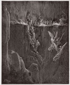 A Divina Comédia (La Divina Commedia, La Divina Comédia), Purgatorio, Canto 25: Virgil e Dante ascendem ao sétimo círculo através das chamas - por Dante Alighieri (1265-1321) - Ilustração de Gustave Dore (1832-1883) de Gustave Dore