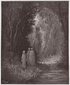 A Divina Comédia (La Divina Commedia, La Divina Comédia), Purgatorio, Canto 28: Dante, Virgil e Statius na antiga floresta do paraíso terrestre - por Dante Alighieri (1265-1321) - Ilustração de Gustave Dore (1832-1883) de Gustave Dore