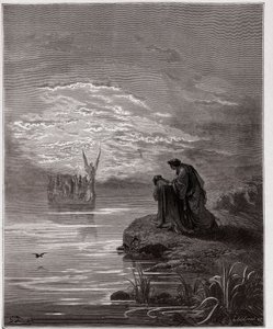 A Divina Comédia (La Divina Commedia, La Divina Comédia), Purgatorio, Canto 2: Dante se curva diante do anjo piloto - por Dante Alighieri (1265-1321) - Ilustração por Gustave Dore (1832-1883) de Gustave Dore
