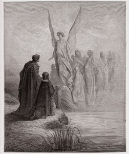 The Divine Comedy (La Divina Commedia, La Divine Comedie), Purgatorio, Canto 2: O piloto celeste aterra o barco - por Dante Alighieri (1265-1321) - Ilustração por Gustave Dore (1832-1883) de Gustave Dore