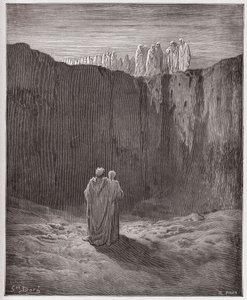 A Divina Comédia (La Divina Commedia, La Divina Comédia), Purgatorio, Canto 3: A companhia das almas no precipício - por Dante Alighieri (1265-1321) - Ilustração por Gustave Dore (1832-1883) de Gustave Dore