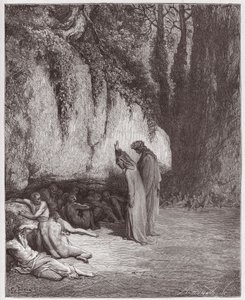 A Divina Comédia (La Divina Commedia, La Divina Comédia), Purgatorio, Canto 4: As almas indolentes ao lado da rocha - por Dante Alighieri (1265-1321) - Ilustração de Gustave Dore (1832-1883) de Gustave Dore