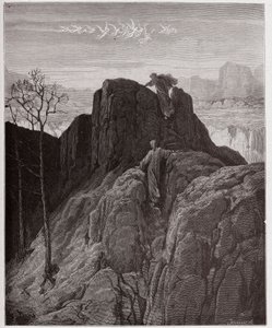 A Divina Comédia (La Divina Commedia, La Divina Comedie), Purgatorio, Canto 4: Virgil lidera Dante na escarpada montanha - por Dante Alighieri (1265-1321) - Ilustração de Gustave Dore (1832-1883) de Gustave Dore