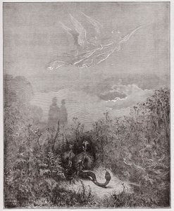 A Divina Comédia (La Divina Commedia, La Divina Comédia), Purgatorio, Canto 8: Os anjos afastam a serpente - por Dante Alighieri (1265-1321) - Ilustração de Gustave Dore (1832-1883) de Gustave Dore