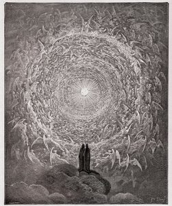 A Divina Comédia, Paradiso, Canto 31: A multidão santa forma uma rosa no empireano (rose celeste) - por Dante Alighieri (1265-1321) de Gustave Dore