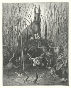 As Fábulas de La Fontaine: A lebre e as rãs (gravura) de Gustave Dore