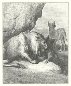 As Fábulas de La Fontaine: O Leão, o Lobo e a Raposa (gravura) de Gustave Dore