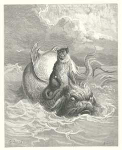 As Fábulas de La Fontaine: O macaco e o golfinho (gravura) de Gustave Dore