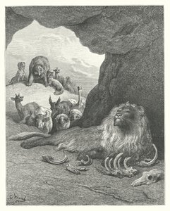 As Fábulas de La Fontaine: O Leão Doente e a Raposa (gravura) de Gustave Dore