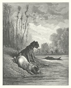 As Fábulas de La Fontaine: Os dois cães e o asno morto (gravura) de Gustave Dore