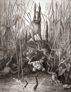 A lebre e os sapos, de uma edição do final do século XIX de Fables de La Fontaine (gravura em madeira)