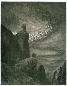 O Inferno de Dante Alighieri (a Divina Comédia) ilustrado por Gustave Dore. Edição francesa de 1861. "La bufera infernal, che mai non resta/Mena gli spirti con la sua rapina. (O furacão infernal, que nunca pára, atrai os espíritos para o seu turbilhão)", de Gustave Dore