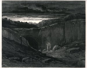 O Inferno de Dante Alighieri (a Divina Comédia) ilustrado por Gustave Dore. Edição francesa de 1861. Dante e Virgílio à entrada do Inferno: "Lasciate ogni speranza, voi che 