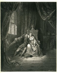 O Inferno de Dante Alighieri (a Divina Comédia) ilustrado por Gustave Dore. Edição francesa de 1861. Francesca da Rimini e o seu amante: "Quel giorno piu non vi leggemo avante. (Neste dia não lemos mais)", canto 5. v. 138 de Gustave Dore