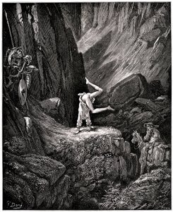 O Engenhoso Hidalgo Dom Quixote de la Mancha (Quixotte - Quijote) de Miguel de Cervantes (1547-1616): o cavaleiro manda fazer cabriolas à triste figura "pondo a nu certas coisas que Sancho, para as não ver, se apressa a dar meia volta, satisfeito de de Gustave Dore