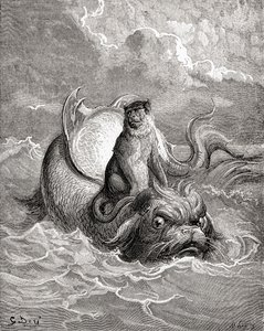 O Macaco e o Golfinho segundo uma obra de Gustave Dore para uma fábula de La Fontaine. De Life and Reminiscences of Gustave Dore, publicado em 1885. de Gustave Dore