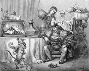 O Ogre recebe o gato, ilustração para &39;Gato de Botas&39; por Charles Perrault (1628-1703) 1883 de Gustave Dore